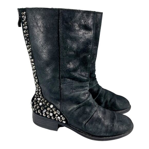 REBA! BLACK GENUINE LEATHER & SUEDE JEWELED & STUDDED MOTO ANKLE BOOTS! SZ 6M - Picture 1 of 12
